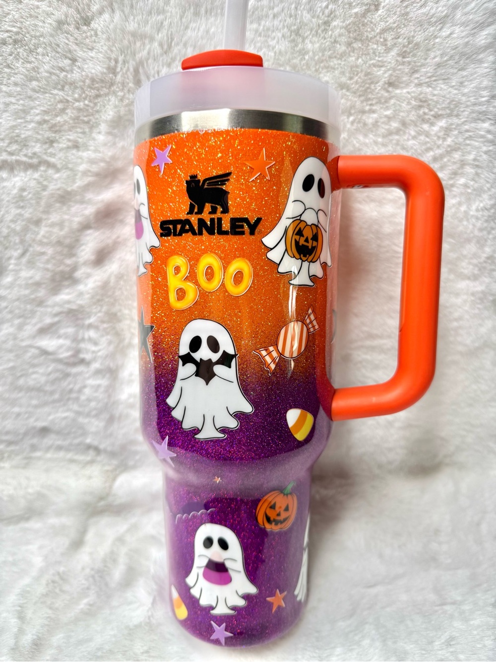 Stanley Custom Ghost Orange & Purple Halloween Glitter Tumbler 40 oz
